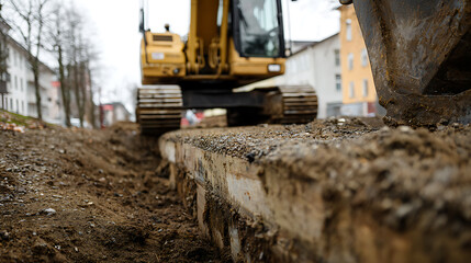 Fototapeta premium Heavy construction excavator machinery at a work site, with a large trench of earth and gravel in the foreground, ready for infrastructure development