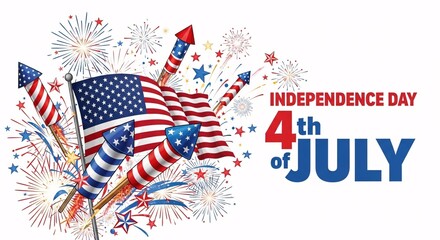 Obraz premium Illustration of vibrant 4th of july celebration with american flags and fireworks on white background