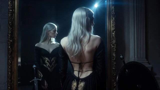 Woman in dark gown before ornate mirror, dramatic cinematic style, in moody interior setting, concept of fantasy mystery and inner reflection