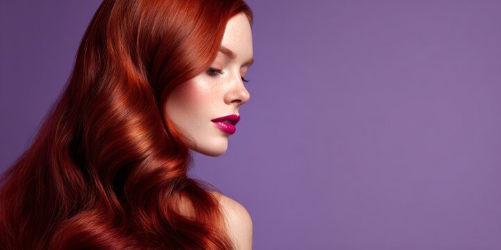 Elegant profile of a woman with long, vibrant red hair against a soft, dreamy purple background highlighting beauty and femininity in fashion photography