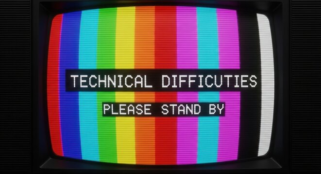 A vintage television screen displaying a technical difficulties message with colorful stripes