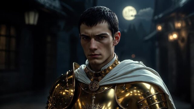 Close view of knight in polished golden armor, realistic style, standing on dark medieval street background, concept of valor
