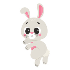 Fototapeta premium Easter bunny vector character lying on side, smiling cartoon rabbit isolated on light background, adorable spring holiday animal for kids design, greeting cards, stickers, nursery decor