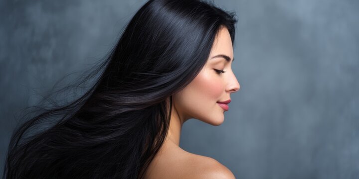 Elegant Profile of a Woman with Lustrous Black Hair Flowing Gracefully Against a Soft Background Showcasing Beauty and Serenity