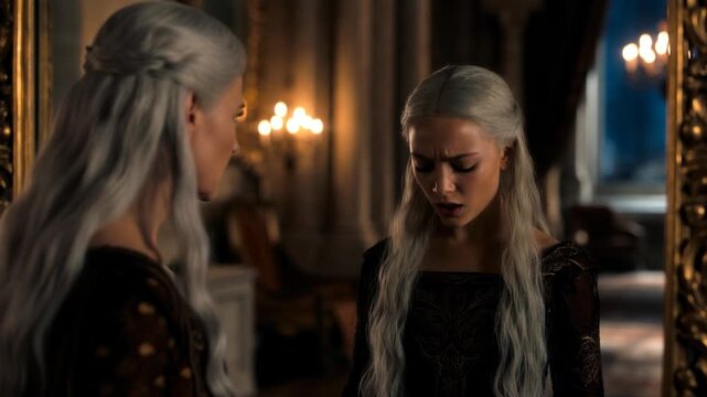 Young woman with silver hair facing a mirror in dramatic cinematic style on dim palace background, concept of self reflection