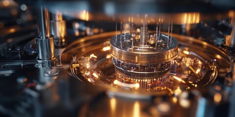 Obraz premium Intricate Close-Up of a High-Tech Mechanical Device with Golden Lights and Reflections in an Abstract Engineering Background