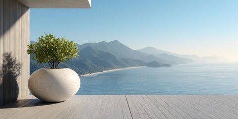 Fototapeta premium Serene Coastal View from Modern Terrace with Potted Plant Overlooking Mountains and Ocean Under Clear Sky, Perfect for Relaxation and Inspiration