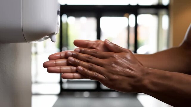 A focused scene captured in a contemporary setting shows hands under an automatic hand dryer, transitioning through the stages of drying. The moment expresses cleanliness and modernity.