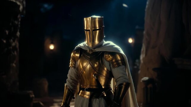A golden armored knight in realistic style on dark cavern background, symbolizing courage and medieval fantasy