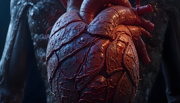 Human heart close up red detailed veins visible dark background
