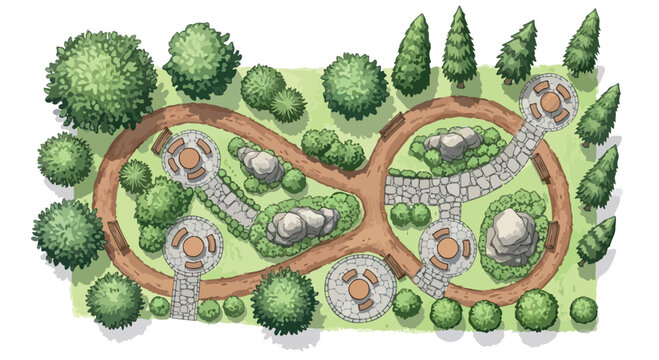 Landscape design plan vector illustration, top view garden layout with winding paths and seating areas, architectural park site map with trees isolated PNG with Transparent Background