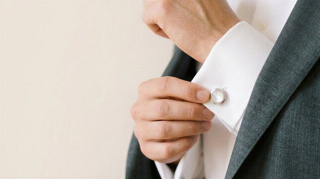 Man adjusting cufflinks on white shirt in formal attire  