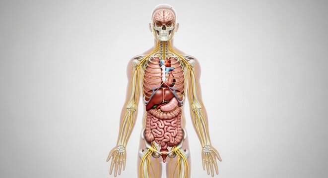 A detailed illustration of the human body showing internal organs and skeletal system