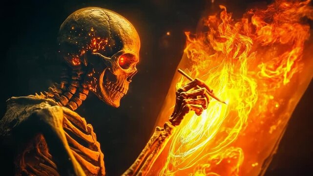 Skeleton creating fiery artwork in a dark studio setting