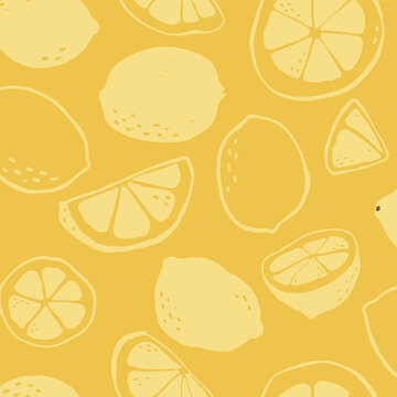 Seamless Hand-Drawn Lemon Pattern on Mustard Yellow Background with Retro Monochromatic Vector