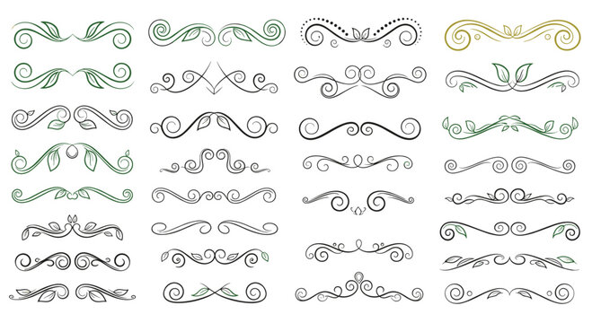 Extensive collection of decorative scroll dividers and floral ornaments in various styles for elegant document and website design.