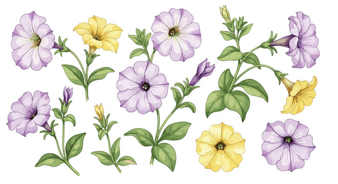 Beautiful botanical collection of purple and yellow petunia flowers with green stems and leaves in various stages of growth.
