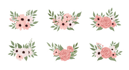 Obraz premium Set of six beautiful floral arrangements featuring pink and peach roses with green leaves for wedding invitations or decorative cards.