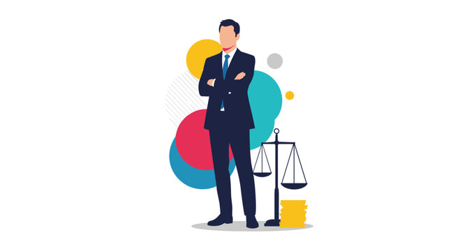 Confident male lawyer or legal professional standing with arms crossed next to scales of justice and gold coins on abstract background.