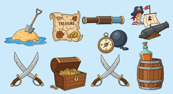 Pirate adventure elements set featuring treasure map, chest of gold, swords, spyglass, parrot, cannon, and nautical compass on blue.