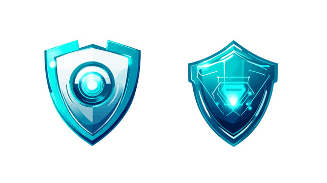 Two digital shields with glowing blue effects, showcasing cyber security and data protection concepts