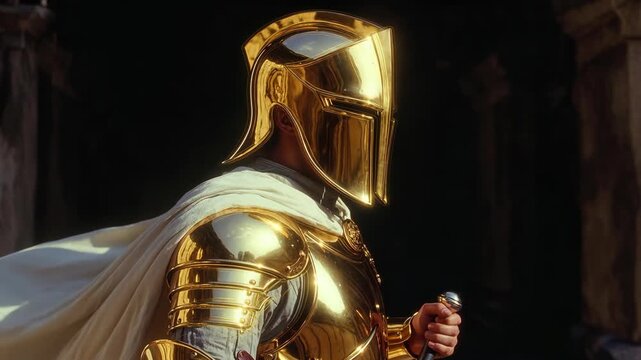 A golden armored warrior with reflective helmet in realistic style on dark background, concept of strength and protection