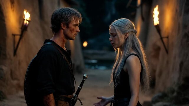 Two fantasy characters facing in a dramatic cinematic style on a torchlit alley background, expressing conflict and destiny
