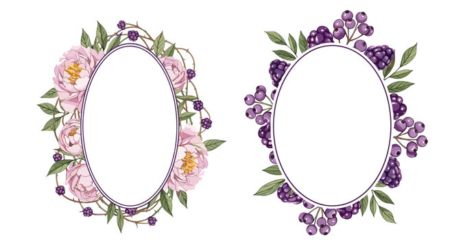 Two elegant oval floral frames decorated with blooming pink peonies, green leaves, and clusters of purple blackberries on a white background.
