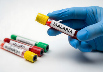 Obraz premium Hand wearing blue nitrile glove holding blood sample test tube labeled malaria