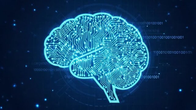 neon brain with circuit code on dark blue background with stars