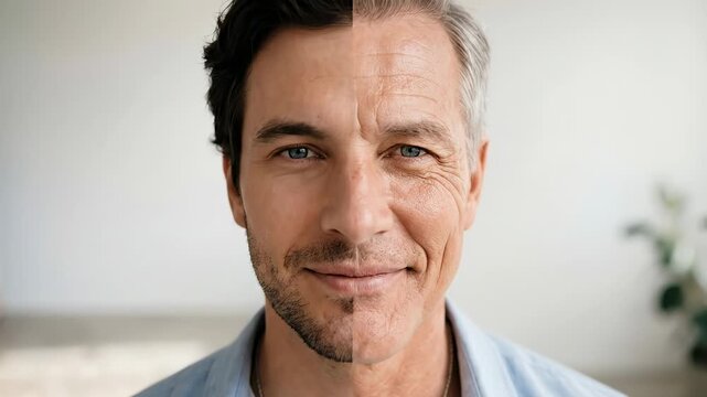 Split face of man showing aging process and skin changes