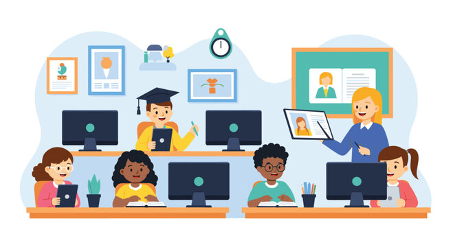 Children sitting in a modern classroom using computers and tablets while a teacher explains a lesson with a digital presentation.