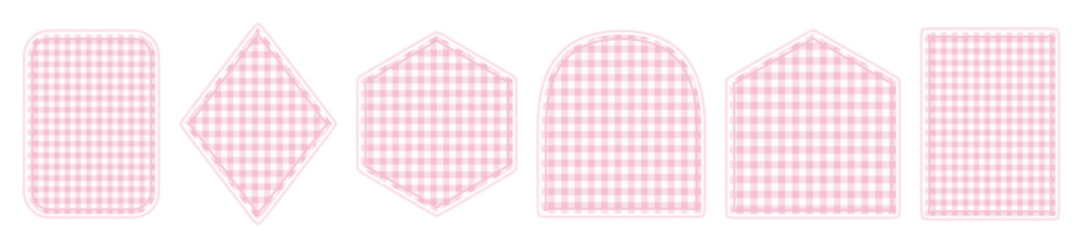 Set of Hand Drawn Pink Gingham Check Geometric Frames with Decorative Borders and Retro Label Shapes Collection for Design Projects