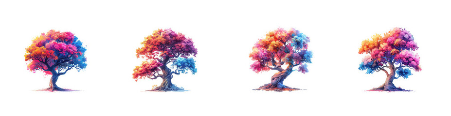 Fototapeta premium Stylized trees with colorful abstract splatter, objects as isolated on transparent background