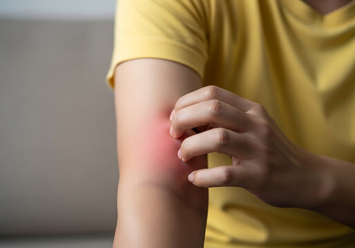 Woman in yellow shirt scratching her arm due to mosquito bite causing