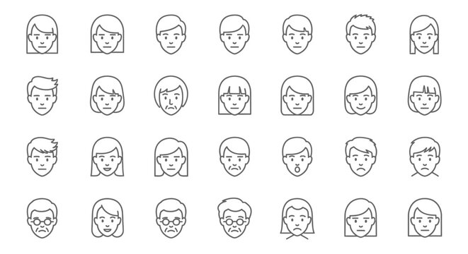 Diverse Human Faces Icons Set - Emotion and Expression Line Art