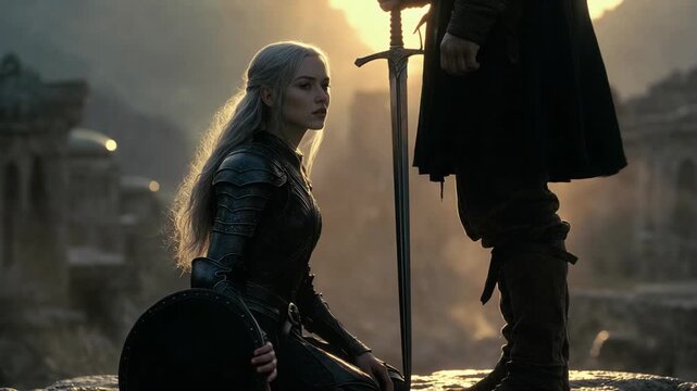 Armored warrior kneeling before raised sword, cinematic style, on misty ruins background, concept of honor and courage