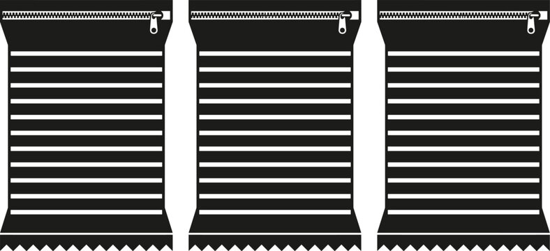 Black and white resealable packaging bags illustration, zipper closure, striped design, tear off bottom, airtight storage, consumer product packaging concept