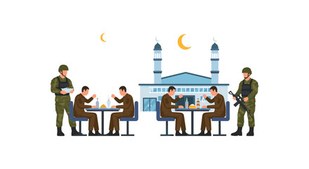 Soldiers breaking fast during Ramadan with mosque background
