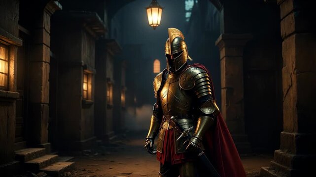 A lone armored knight in ornate style stands in a dark medieval street on moody night backdrop symbolizing courage