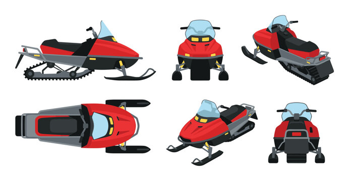Collection of Red Snowmobiles Shown from Multiple Angles for Design Projects