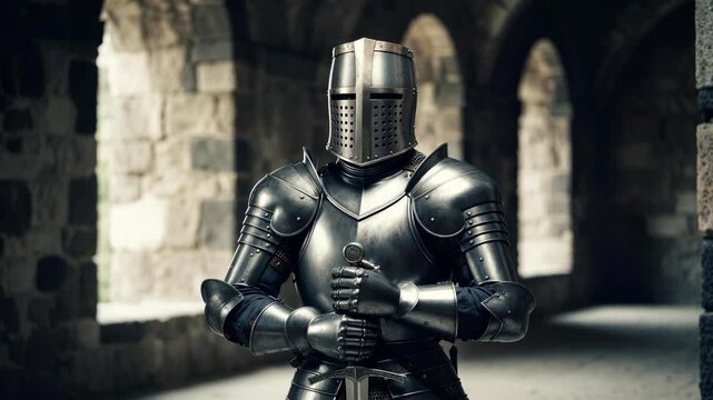 Medieval knight in full armor holding sword, realistic style, standing in stone corridor, concept of bravery and strength