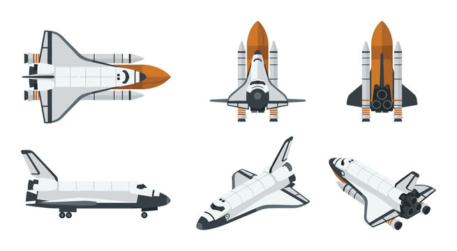 Collection of Space Shuttle Illustrations: Top, Front, Rear, Side, and Angled Views