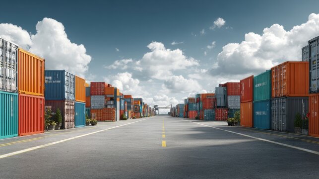 Cargo Shipping Containers Stacked Among Blue Sky and Cloudy Background in a Shipping Yard with Clear Open Road