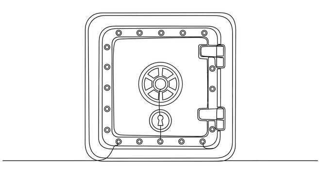 Hand-drawn illustration of a classic bank vault safe with a keyhole and dial