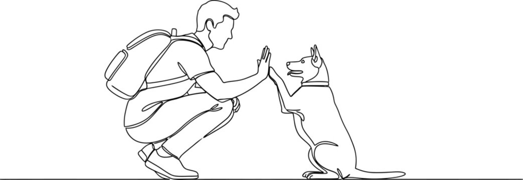 Man and dog high-five in continuous line art illustration, showing friendship and connection.
