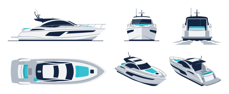 Collection of Modern Luxury Yachts in Multiple Views: Side, Front, Back, Top, and Angled