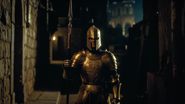 Golden armored knight with spear in dramatic photo style on a dark stone alley background, conveying vigilance, power, bravery, protection