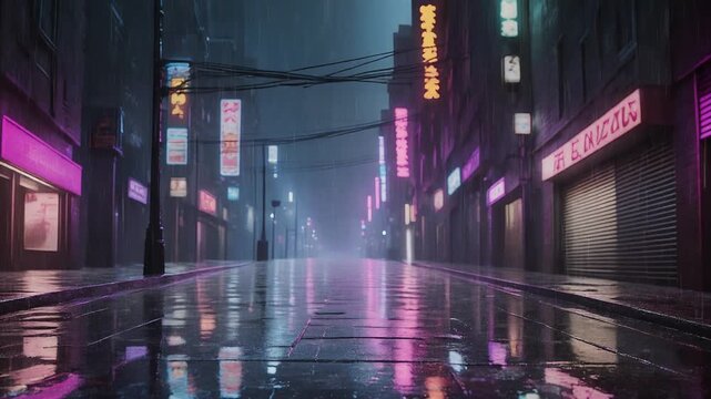 neon lit city street at night with wet pavement