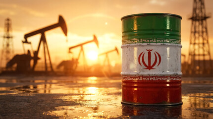 Iran oil barrel with national flag at sunset refinery. Crude oil industry and energy crisis concept. 